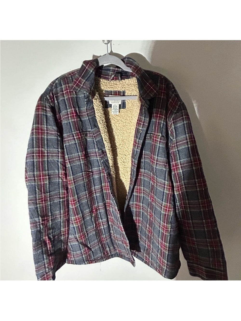 L.L. Bean Plaid Sherpa Jacket - Red, Gray, Cream